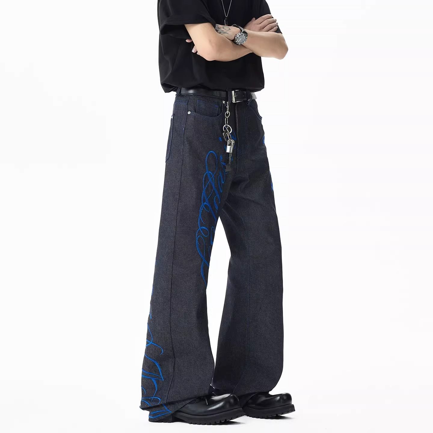 Embroidery Font Free - Jeans da Uomo Blu con Ricamo,